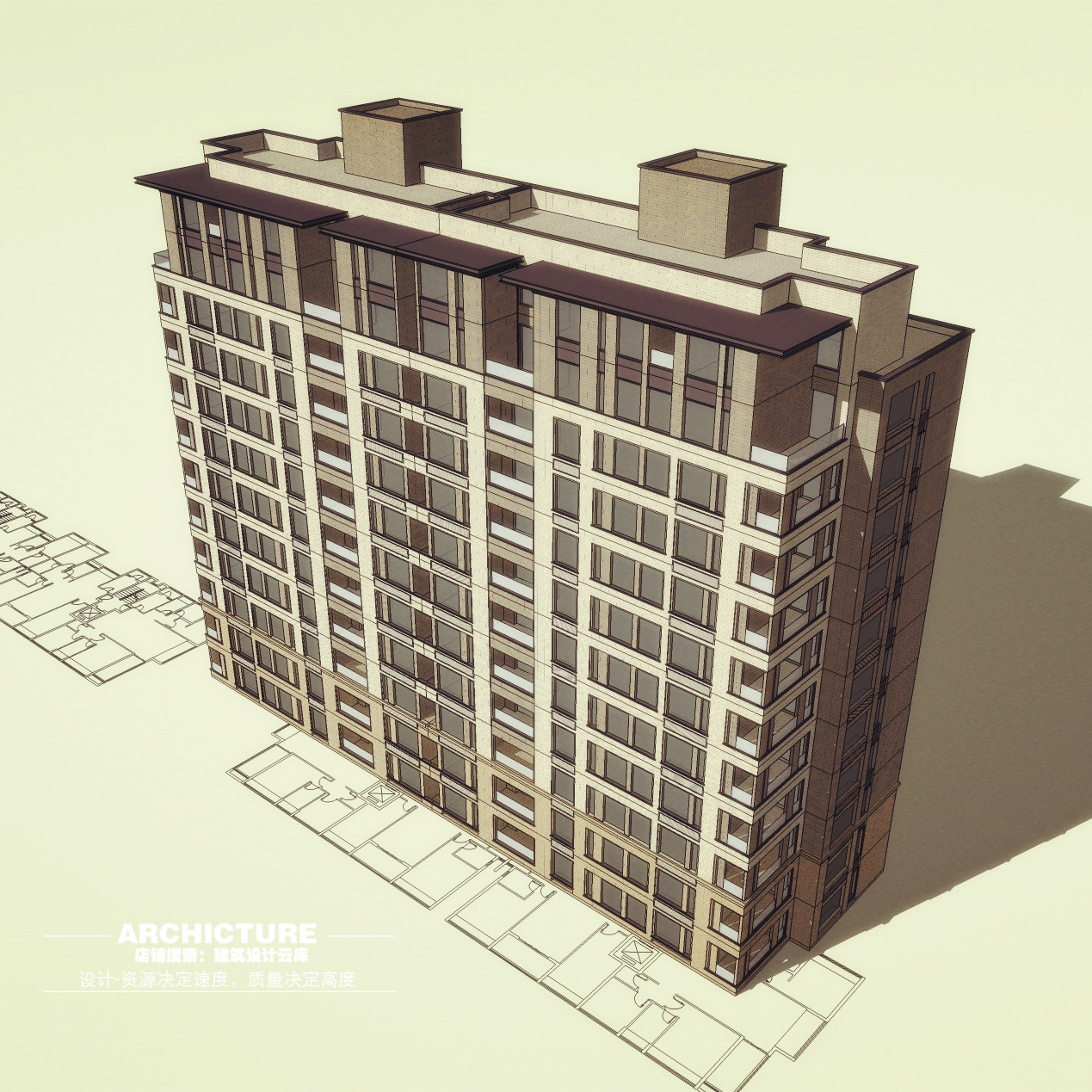 su草图大师新亚洲偏中式小高层住宅楼石材飘板建筑规划设计su模型