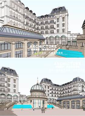 欧式法式新古典奢华柱廊罗马柱对称式酒店会所建筑草图大师SU模型