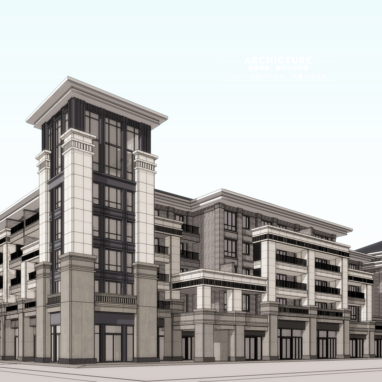 su草图大师多层中式办公公寓建筑设计坡屋顶塔楼三段式建筑su模型