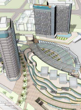 su草图大师投标现代高层商业综合体mall广场办公退台式建筑su模型
