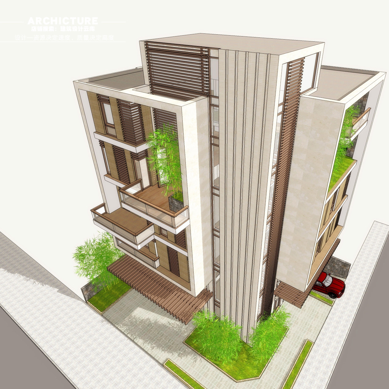 su草图大师现代五层私人别墅家庭式公寓办公住宅楼点式建筑su模型