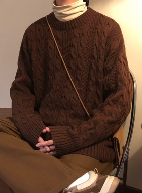 男士咖啡色圆领毛衣男款冬季加厚针织长袖上衣内搭毛线衣2025新款