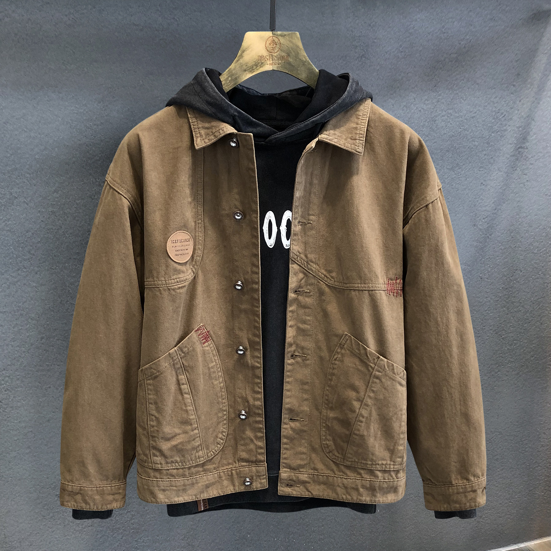 高级摩卡棕美式斜纹纯棉休闲外套男士春秋日系复古工装夹克男新款