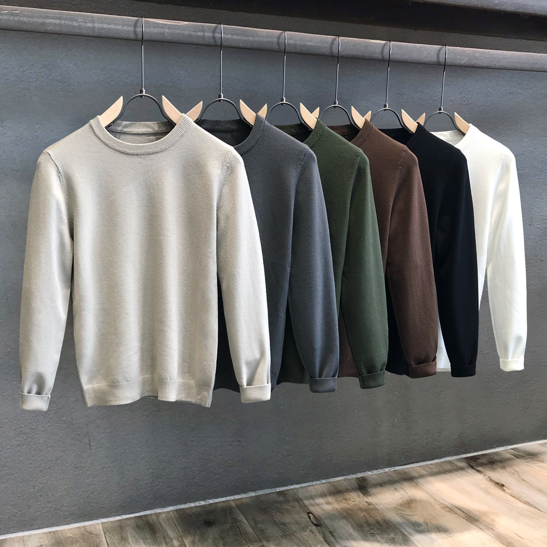 气质沙漠灰休闲圆领毛衣男韩版潮流打底衫春秋季男装纯色针织上衣