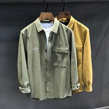 春秋款潮牌军绿色工装外套长袖衬衫1