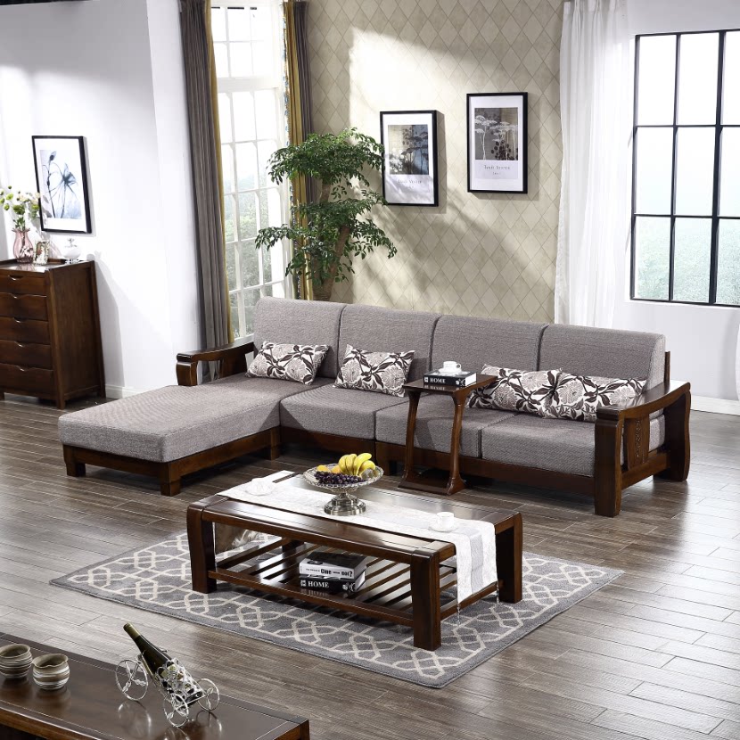 全实木沙发  黑胡桃木转角贵妃沙发 新中式雕花l型组合沙发