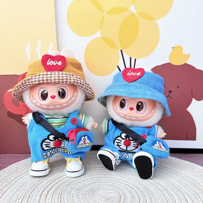 一二三代钥匙扣Labubu衣服挂件拉布布娃衣挎包机器猫背带裤套装萌