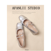 曾小邪 高级感法式 银色粗跟高跟鞋 双排扣方头浅口玛丽珍单鞋 女