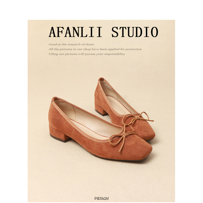 方头浅口粗跟鞋女蝴蝶结绒面单鞋