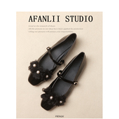 曾小邪 法式 漆皮花朵珍珠玛丽珍鞋 女方头浅口一字带小皮鞋 单鞋