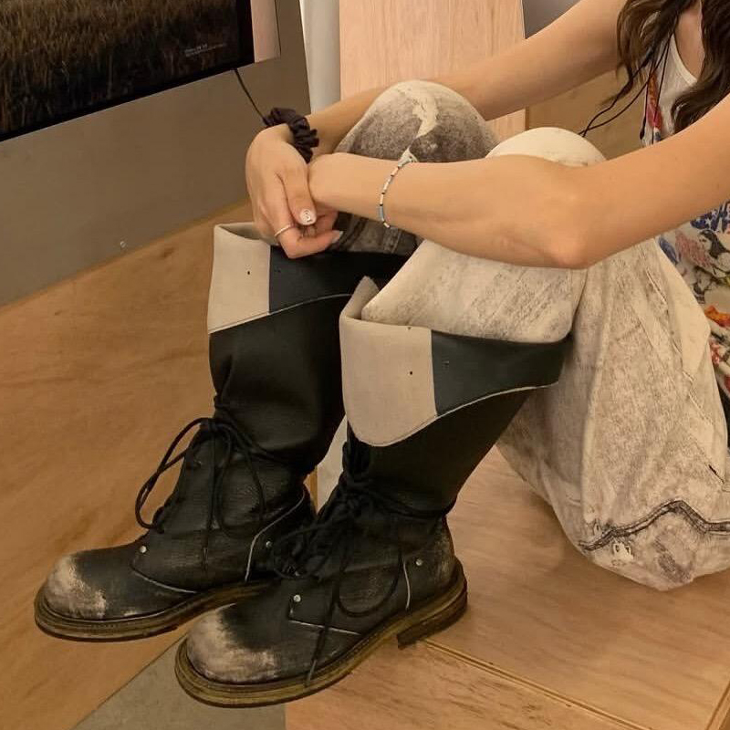 韩国小众真皮复古擦色做旧长靴女