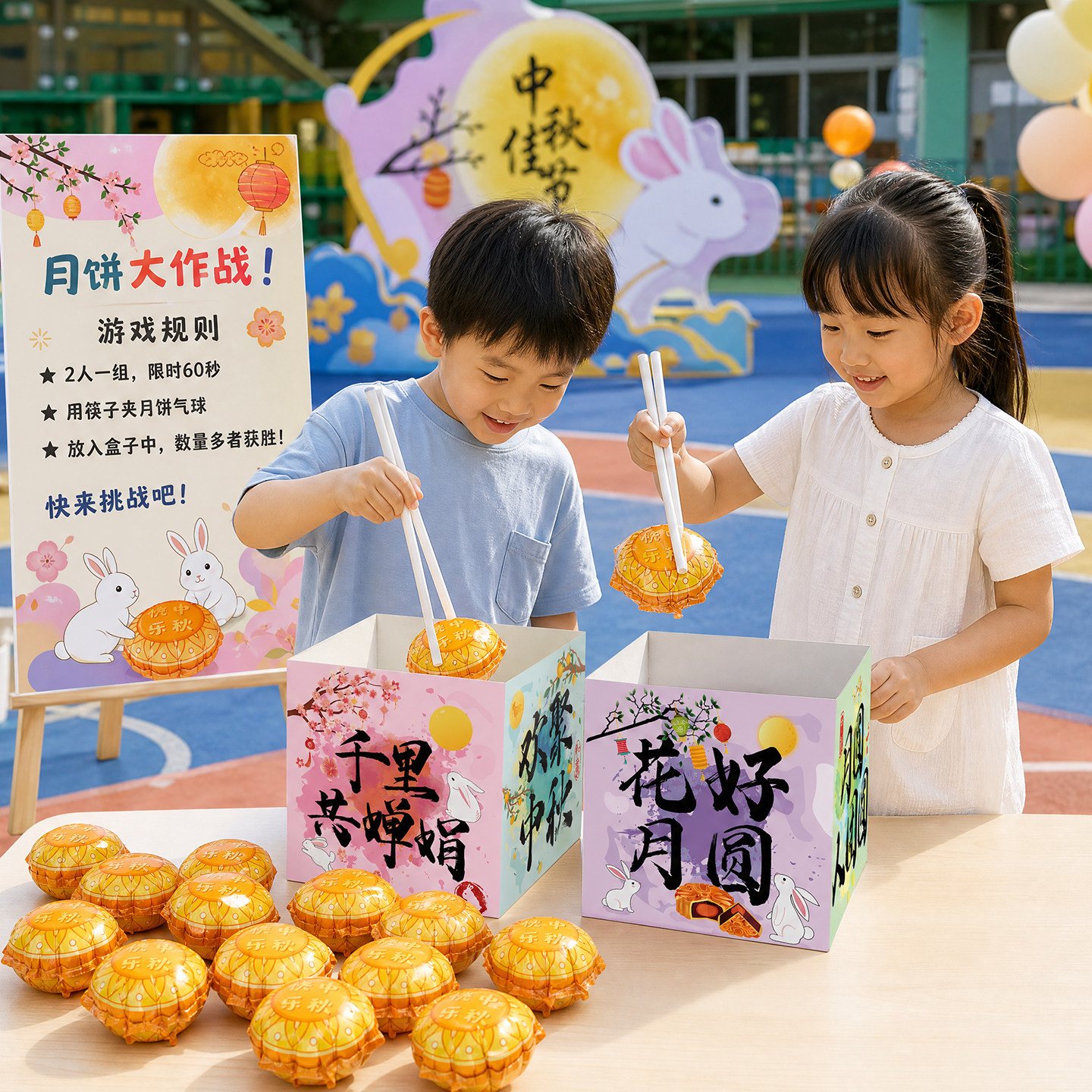 中秋节商场幼儿园夹月饼气球游戏公司团建互动游园会比赛活动道具