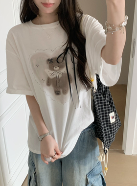 OMELET蛋卷-夏季甜美百搭可爱小熊印花系丝带宽松大码短袖T恤女