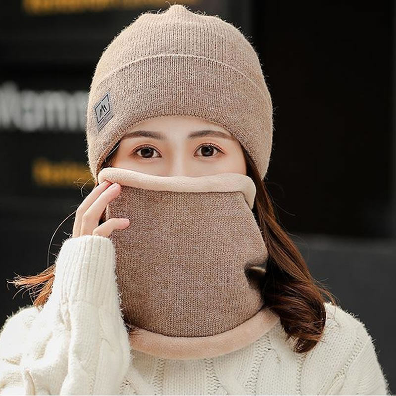 秋冬季女士保暖针织毛线帽百搭加绒韩版潮骑车防寒帽子围脖两件套
