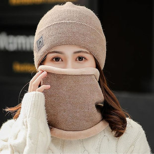 秋冬季女士保暖针织毛线帽百搭加绒韩版潮骑车防寒帽子围脖两件套