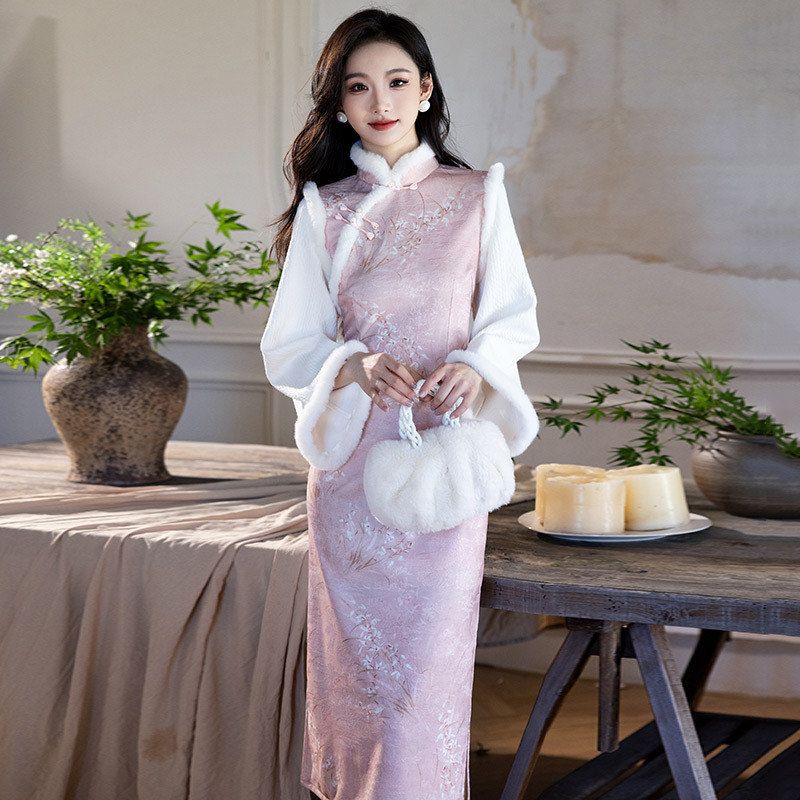 粉色加绒冬装显瘦新中式长款长袖旗袍改良时尚年轻款女复古秋冬季