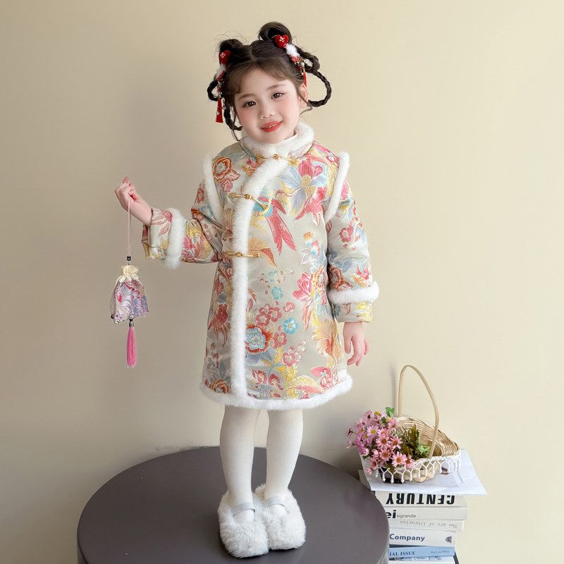 汉服女童拜年服冬季国风旗袍裙儿童加厚唐装宝宝中式喜庆新年衣服