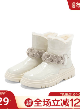 星期六雪地靴冬季新款女靴厚底装饰水钻温暖毛里靴短靴SS1411A648