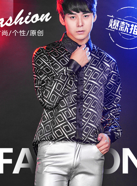 男长袖衬衫光效得月楼聋猪揉力水韩版修身黑色印花歌手演出表演服