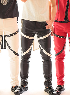 酒吧夜店男歌手DJ时尚潮流铆钉DS铆钉黑色皮裤长裤演出服表演服装
