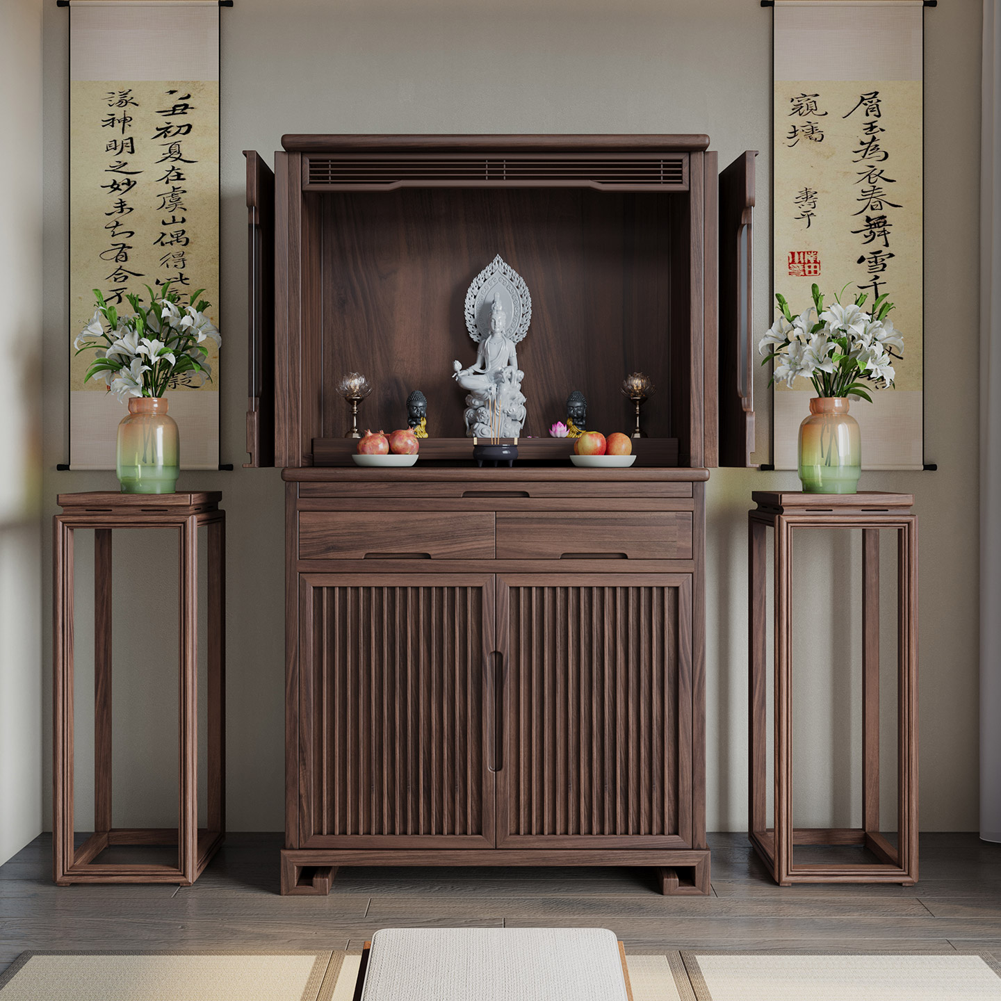 新中式佛龛带门财神爷柜子