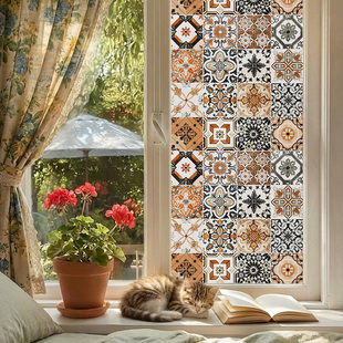 复古玻璃贴膜仿瓷砖贴纸卫生间窗户柜门玻璃膜透光不透明静电膜