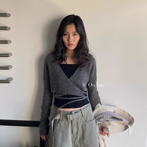 春款上新马海毛韩系舒适柔软短款侧绑带交叉设计感叠穿针织衫2880