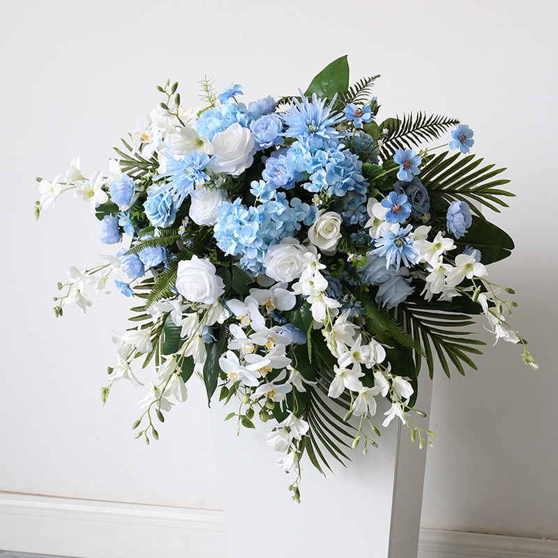 清爽蓝色讲台花商务花艺会展活动讲座仿真桌花主席演讲司仪台摆花