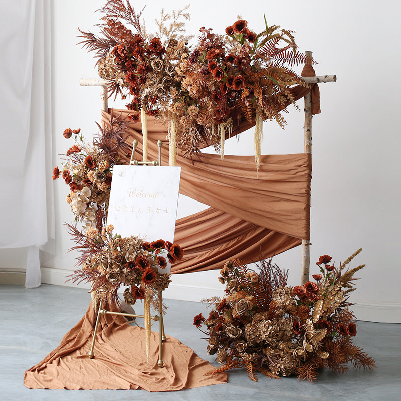 金色古典仿真花艺定制婚礼背景布置花卉套装活动迎宾区道具假花