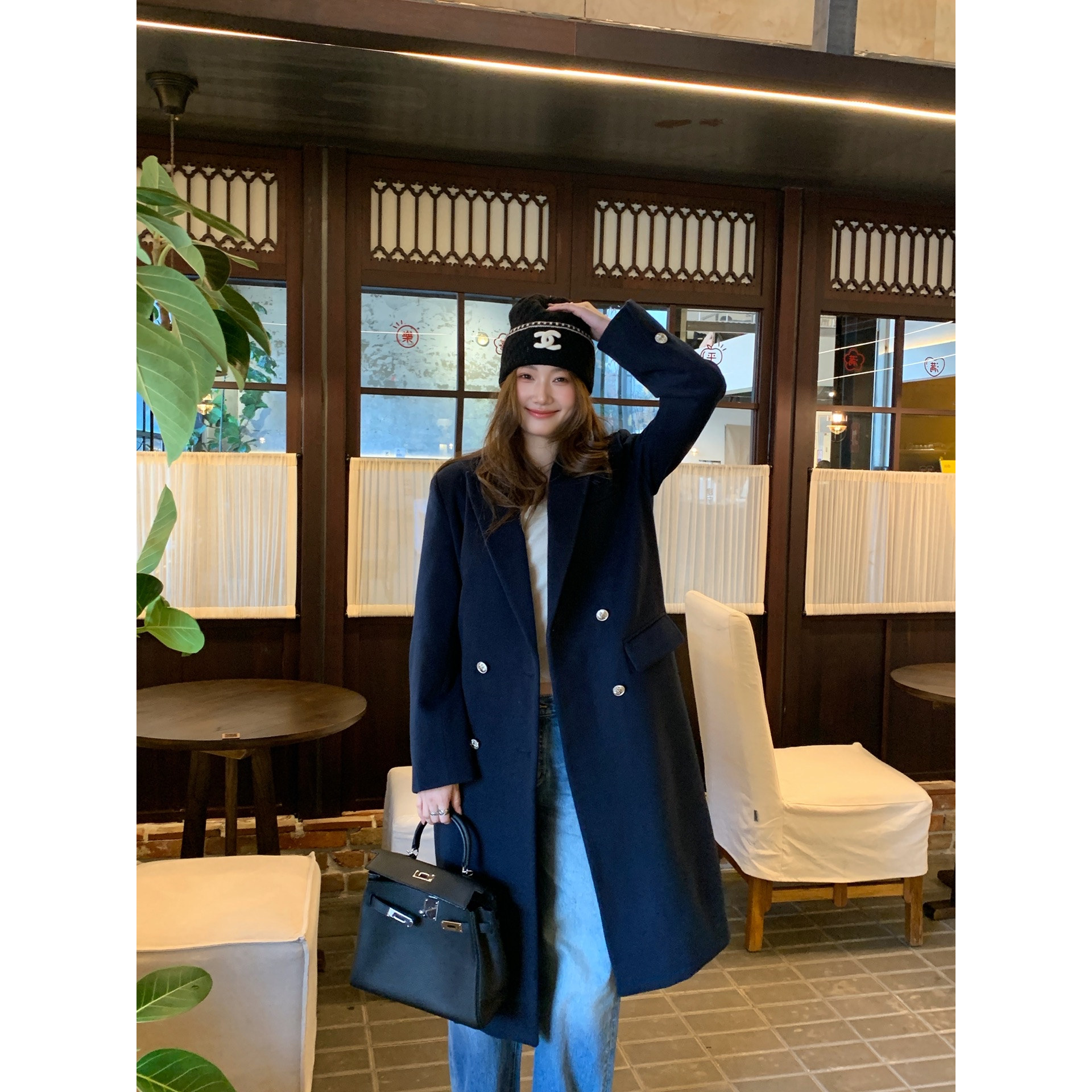 秋冬藏蓝中长双排扣毛呢大衣女