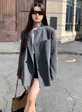 秋季新款黑色灰色设计感小众西装外套女不对称领气质宽松名媛西服