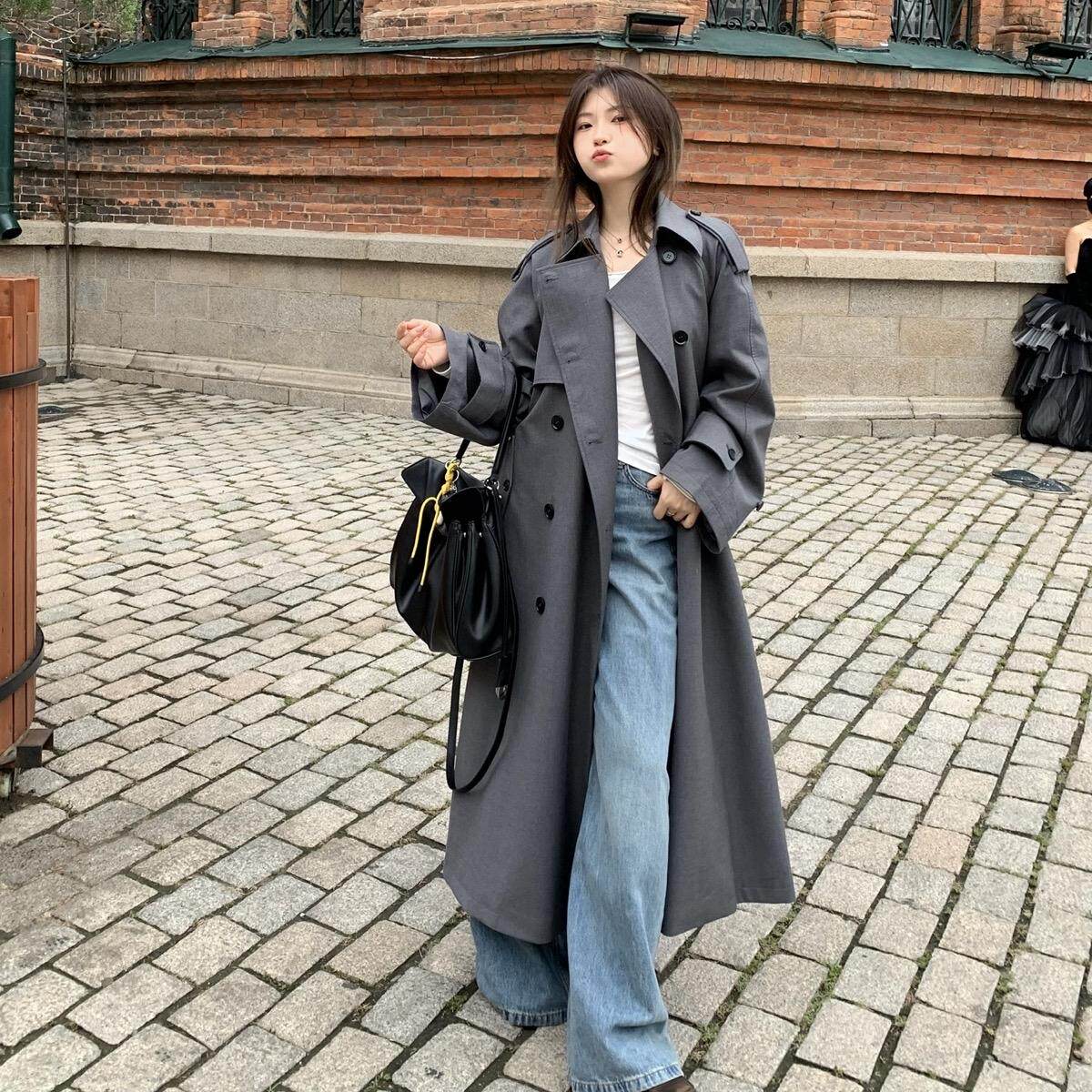 高级感翻领双排扣风衣外套女