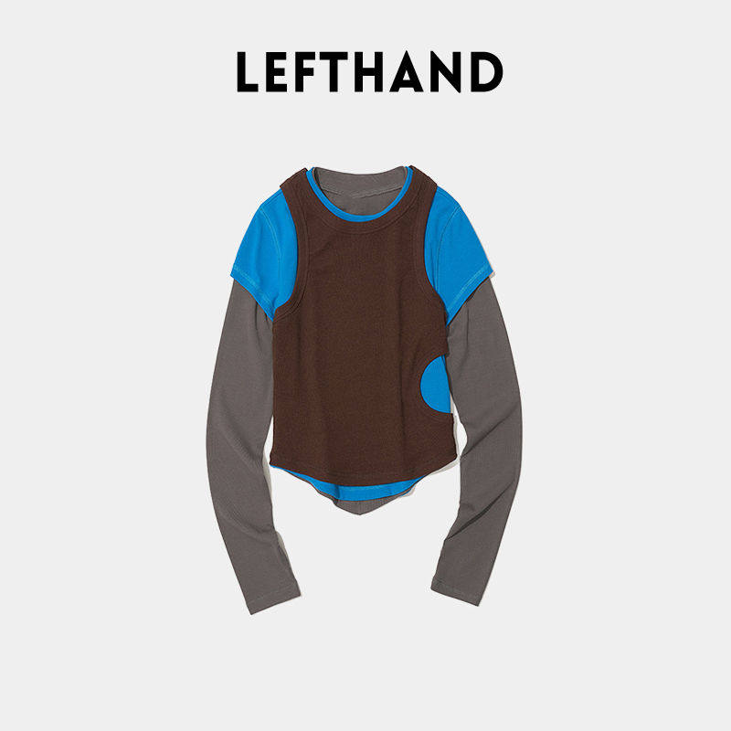 thumbnail for Contrast splicing three versatile long sleeve T-shirt women's 25 autumn and winter new Korean fake two pieces knitted beautiful sweater top