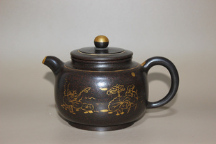 名家大师陈国良纯手工原矿紫泥黑金刚鎏金山水家用泡茶壶具