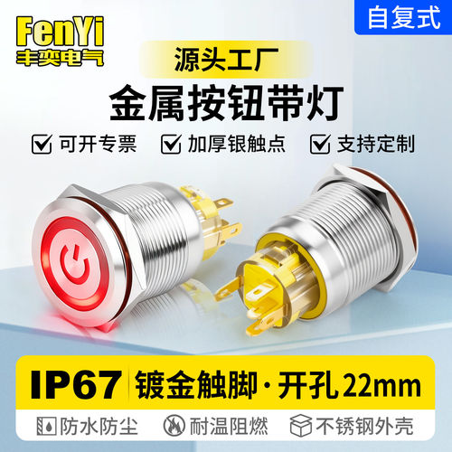 FY22B-F11F/E+DY金属按钮开关自复位电源符号汽车带灯led防水22mm