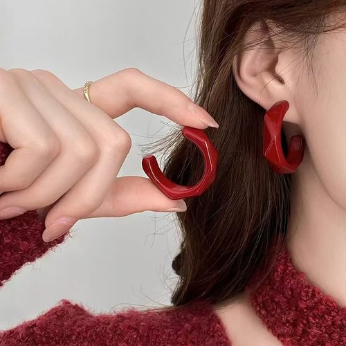 复古港风红色耳钉女轻奢气质高级感耳环小众设计耳饰