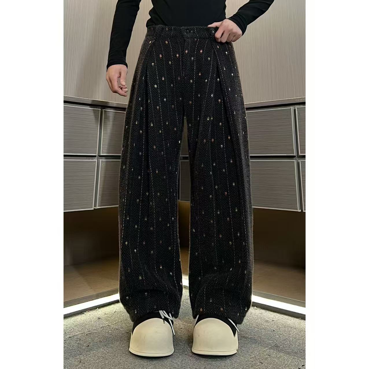 裤子002男士冬季高品质圣诞氛围感马海毛彩点刺绣双褶弯刀裤