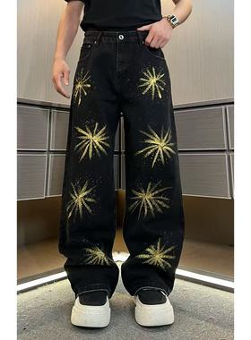 琛哥男装-裤子31071男士高品质手绘烟花烫钻宽松牛仔裤
