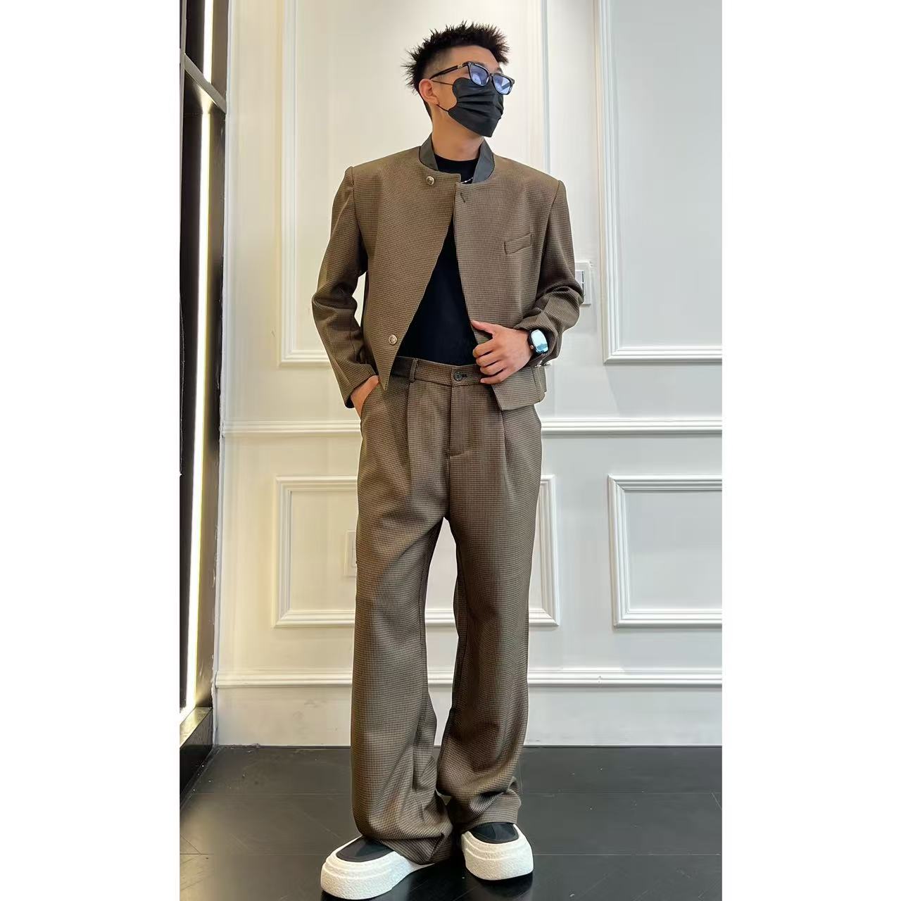 套装LK6701男士高品质咖色格子拼皮短款时尚潮流套装