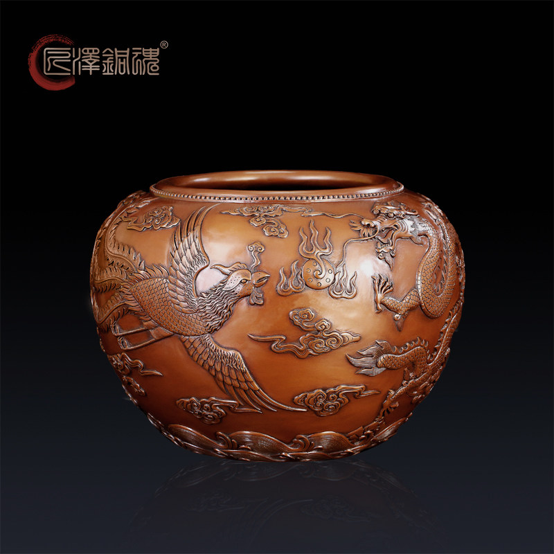 匠泽铜魂 纯紫铜龙凤缸摆件 招财缸铜缸聚宝盆家居创意画卷收纳缸
