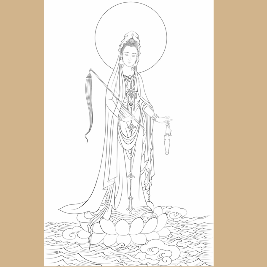 高清观音菩萨白描底稿工笔佛像人物线稿线描实物纸质打印稿非宣纸