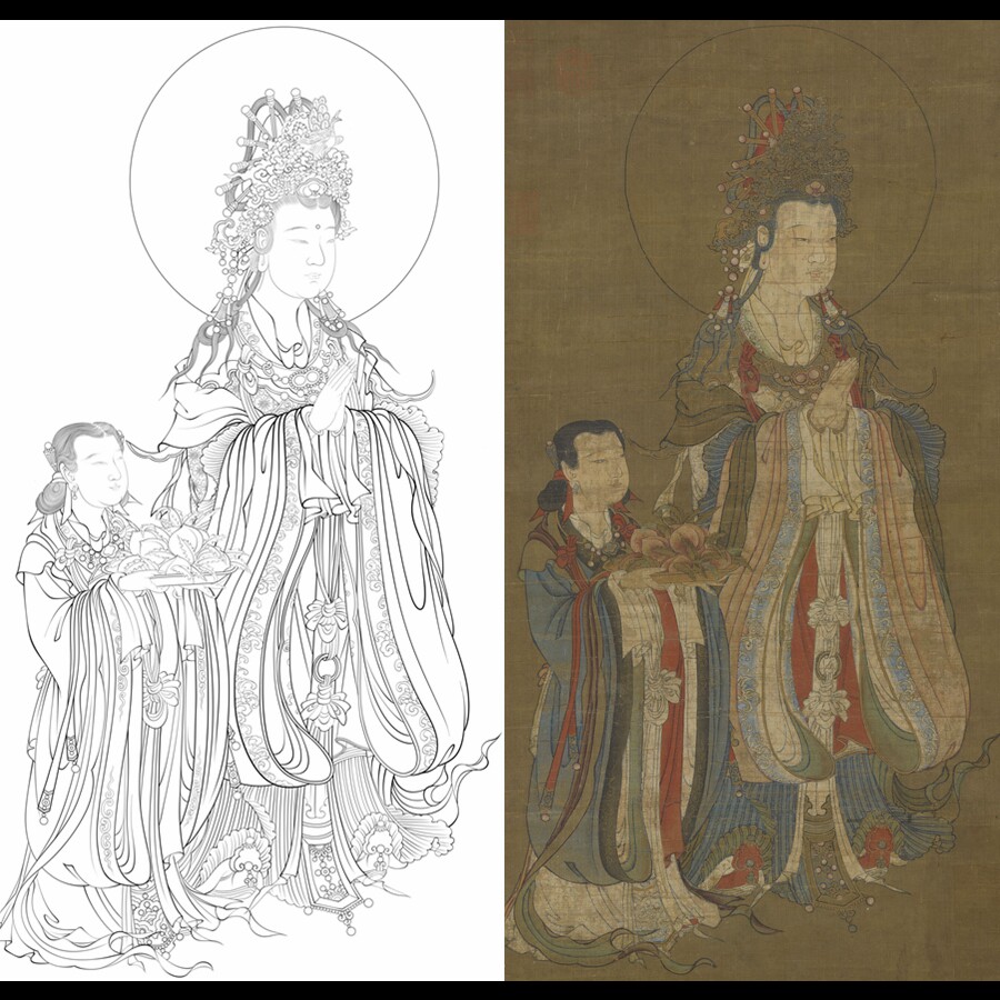 高清献寿图白描底稿工笔画线稿传统人物线描实物纸质打印稿非宣纸