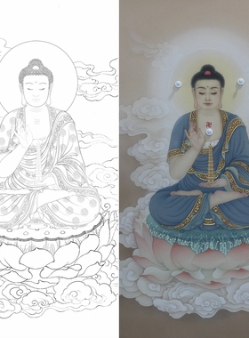 高清药师佛白描底稿工笔佛像人物线稿线描实物纸质打印稿非宣纸