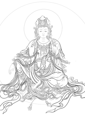 水月观音菩萨白描底稿国画工笔画人物线稿线描实物打印勾线过稿