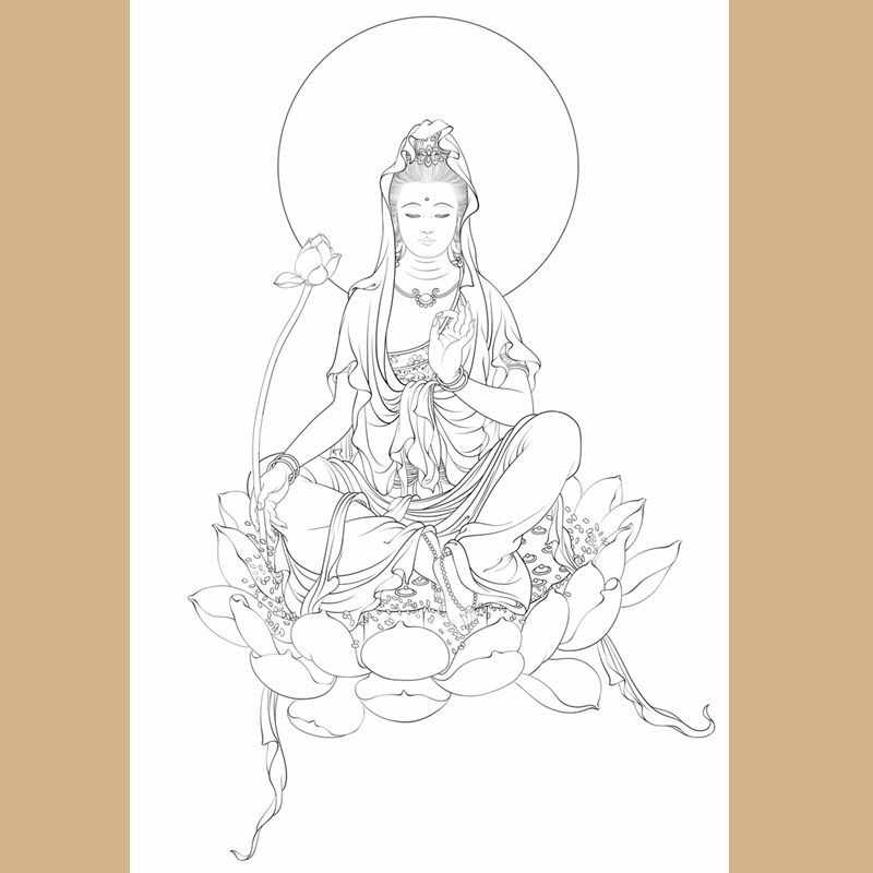 高清观音菩萨白描底稿工笔佛像人物线稿线描实物纸质打印稿非宣纸