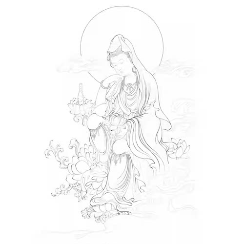 莲花观音菩萨白描底稿佛像人物工笔画线稿线描实物打印勾线过稿