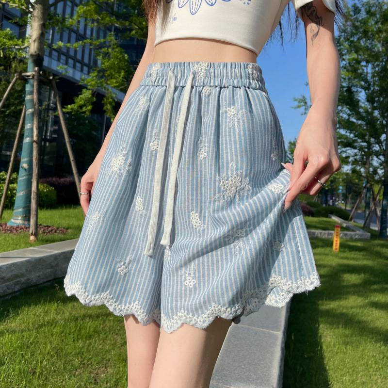 蓝色条纹刺绣蕾丝花边女高腰阔腿