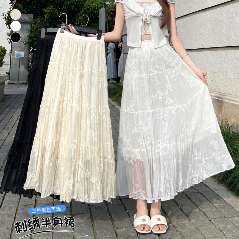 蕾丝刺绣百褶高腰A字中长裙夏季