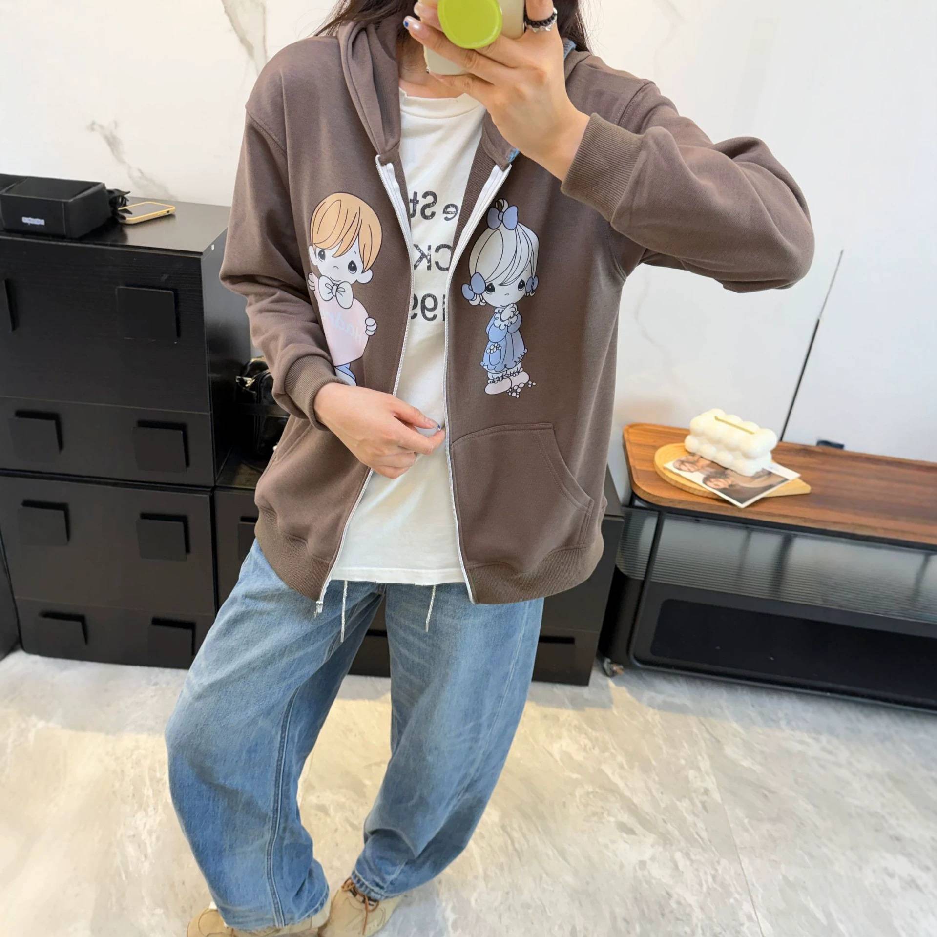 卡通印花拉链连帽卫衣女宽松韩系