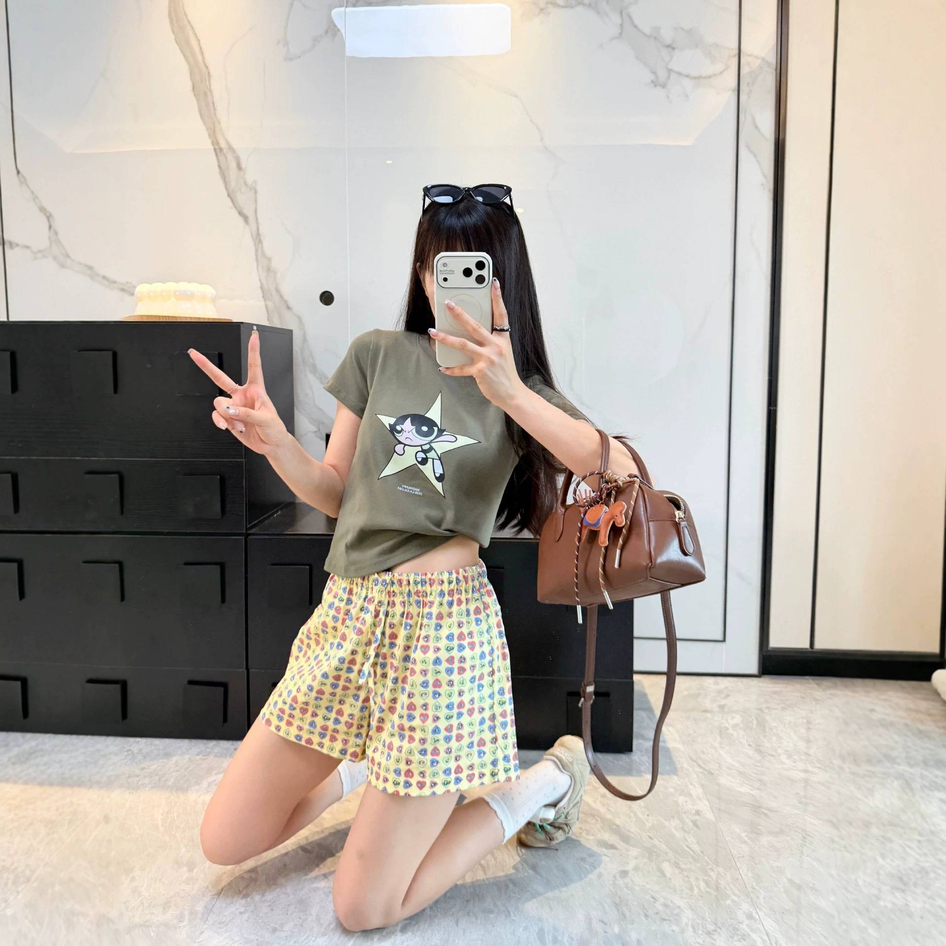 卡通爱心印花女夏松紧腰宽松休闲